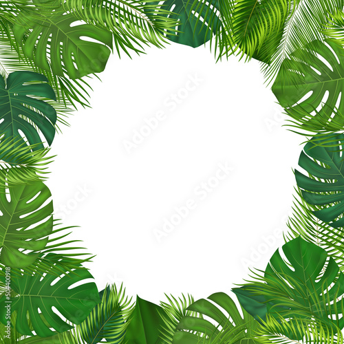 Fototapeta Naklejka Na Ścianę i Meble -  Summer tropical background with green palm leaves. Exotic botanical design with jungle plants for invitation, banner, poster. Vector illustration