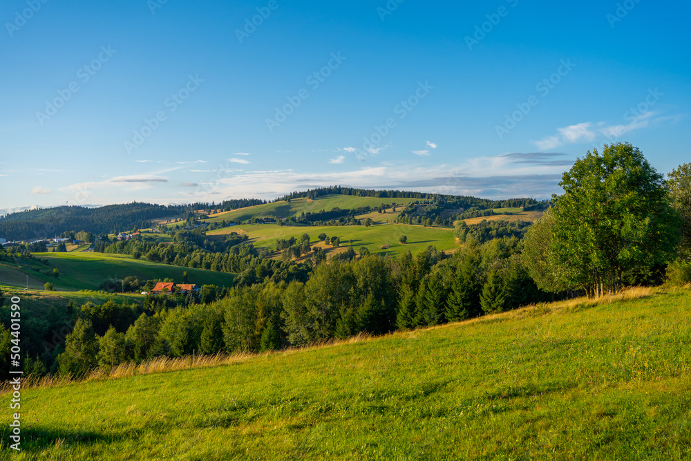 Amazing view from Drabsko to the village Sihla, Slovakia, Europe, rural concept, sunset light, pure nature