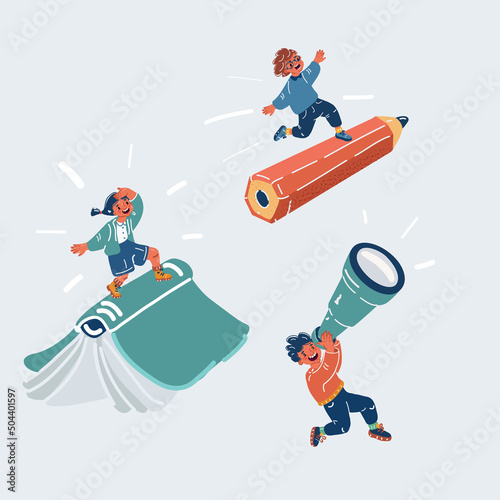 Vector illustration of kids studying concept. Girl flying on big book, pencil, spyglass. student girl and boys