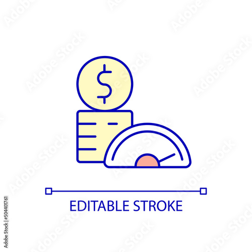 Long run solvency RGB color icon. Assets and wealth. Financial operations. Coins and measuring tool. Isolated vector illustration. Simple filled line drawing. Editable stroke. Arial font used