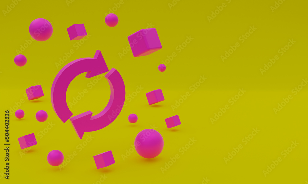 3d illustration, update icon, and geometric figures in red, yellow background, copy space 3d rendering