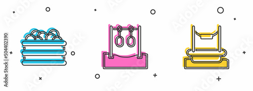 Set Pool with balls, Gymnastic rings and Bungee icon. Vector