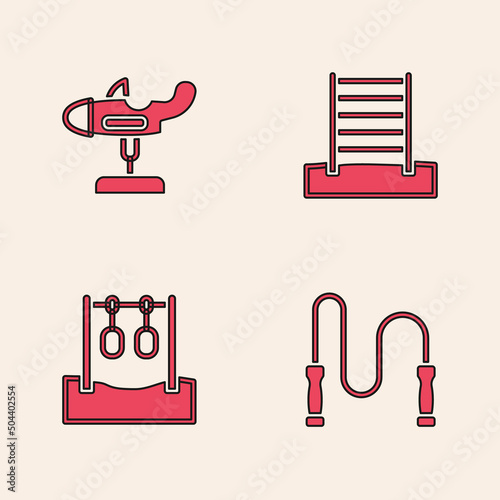 Set Jump rope, Swing plane, Swedish wall and Gymnastic rings icon. Vector
