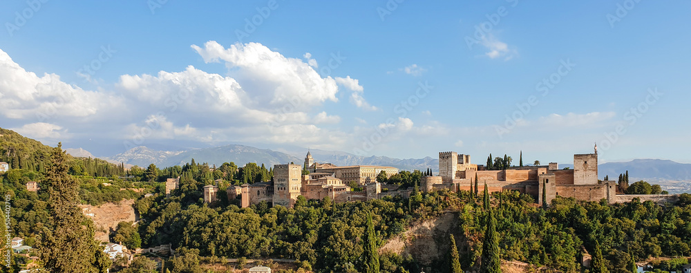 Ancient Arabic fortress Alhambra, Granada, Andalusia, Spain. View from the Mirador San Nicolás