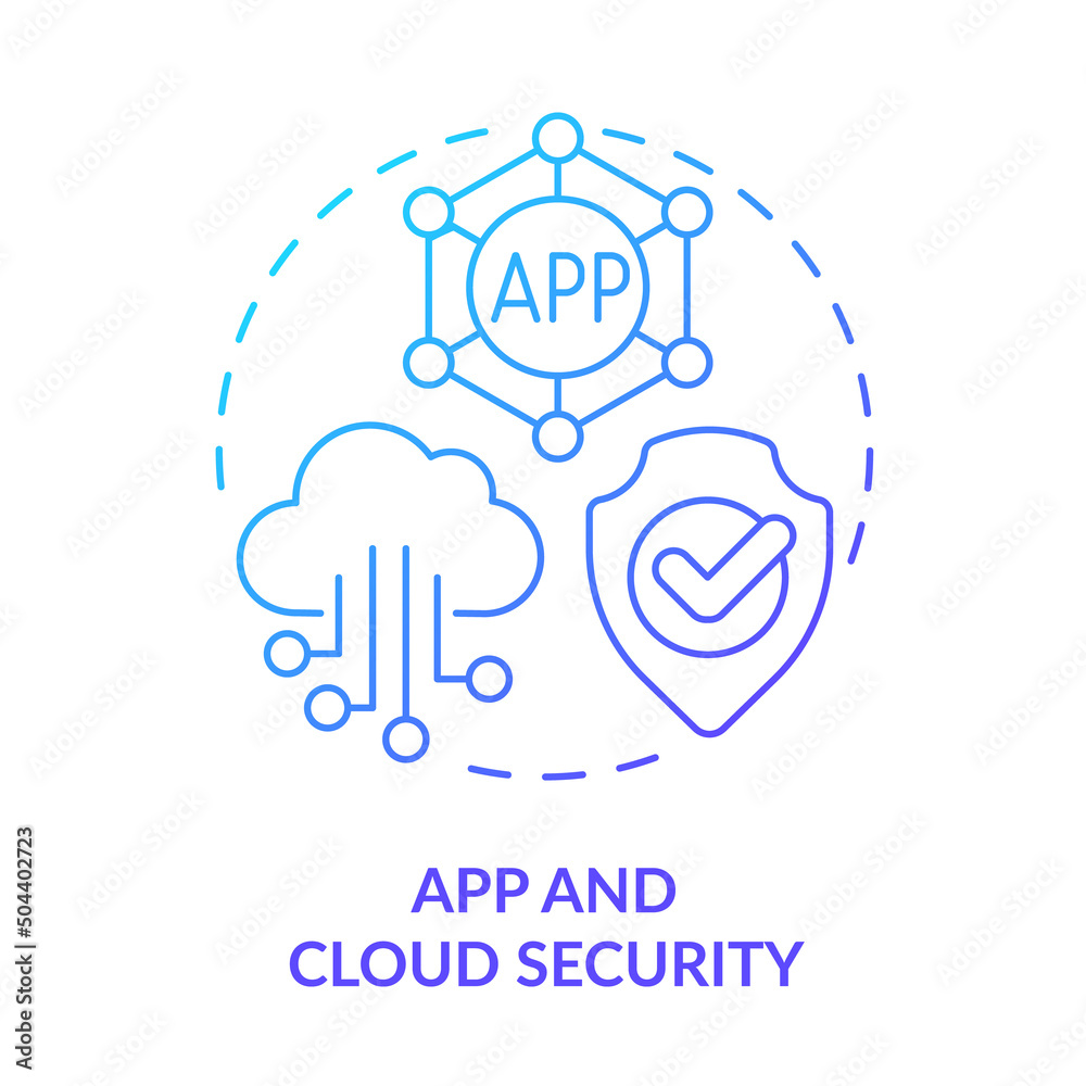 App and cloud security blue gradient concept icon. Trendy tech skill abstract idea thin line illustration. Security solution. Cloud-based software. Isolated outline drawing. Myriad Pro-Bold font used App and cloud security blue gradient concept icon. Trendy tech skill abstract idea thin line illustration. Security solution. Cloud-based software. Isolated outline drawing. Myriad Pro-Bold font used
