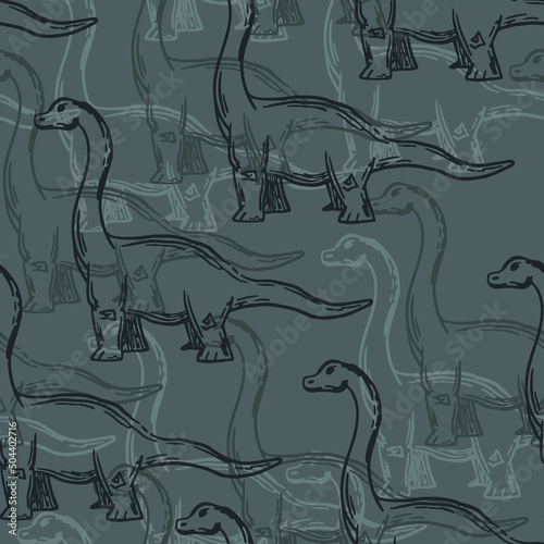 Seamless pattern with cartoon brontosaurus and leaves. Background with dino for textile, fabric, kids, boy, wrapping paper, Web, clothes, socks and other design.
