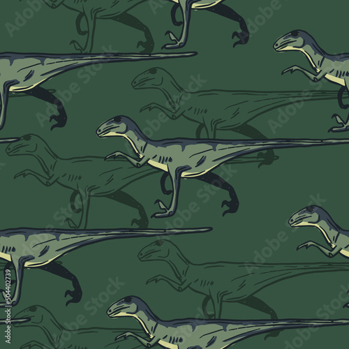 Seamless pattern with cartoon velociraptor. Background with dino for textile, fabric, kids, boy, wrapping paper, Web, clothes, socks and other design.