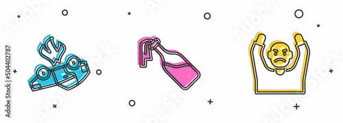 Set Burning car, Cocktail molotov and Thief surrendering hands up icon. Vector