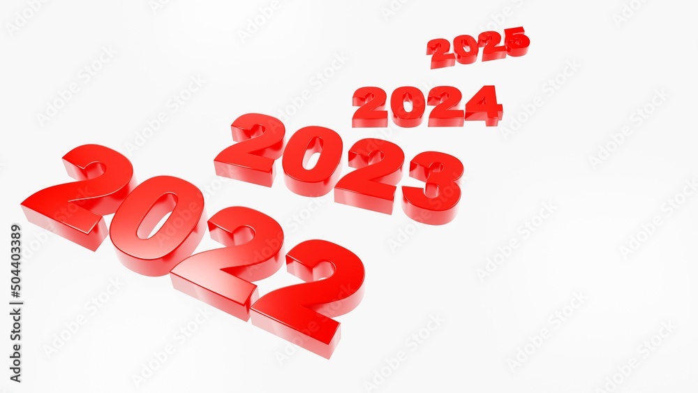 Red numerical dates of the year 2022, 2023, 2024, 2025, on a white