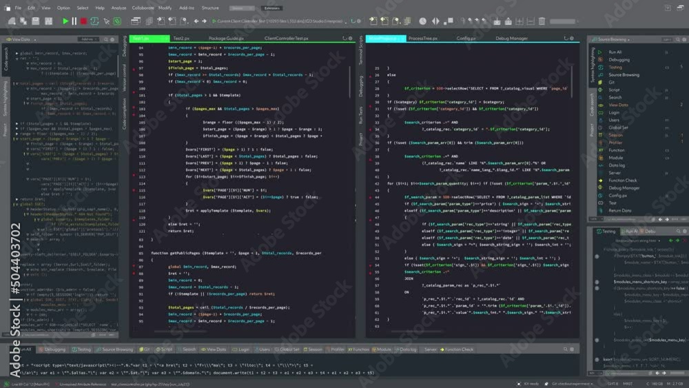 Developer Software Code Mock-up with Generic Programming Language. Dark Interface with Multiple Windows. Night Mode Template for Computer Displays and Laptop Screens.