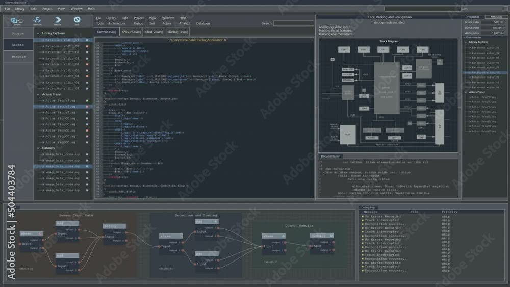 Developer Software Code Mock-up with Generic Programming Language. Grey Monitoring Interface with Multiple Windows. Night Mode Template for Computer Displays and Laptop Screens.