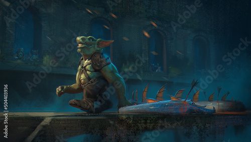 Digital 3D illustration of a goblin dragging a creature he was sent to destroy in battle