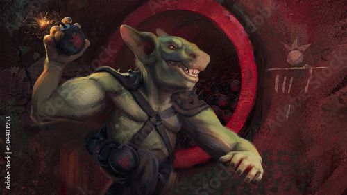 Fényképezés Digital 3D illustration of a goblin in an underground hideout throwing crafted b