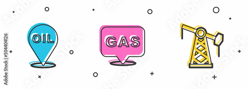 Set Refill petrol fuel location, Location and gas station and Oil pump or pump jack icon. Vector