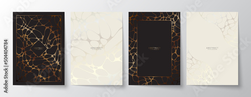 Luxury minimalistic geometric A4 templates set. Black and white premium abstract backgrounds design with elegant neurographic silver and golden patterns for invitation, brochure, card, notebook cover