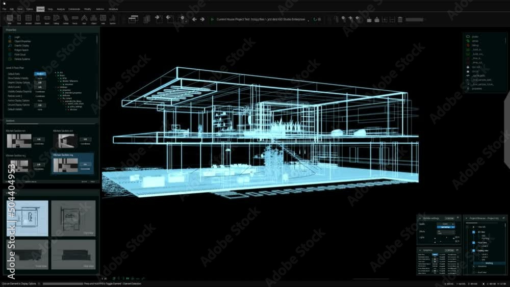 Architecture 3D Software Mock-up Animation with Private Country House Project with Interior Design. Dark Night Mode Interface Template for Computer Displays and Laptop Screens.