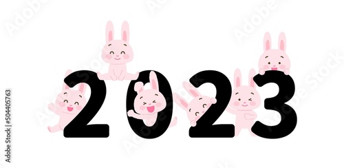 イラスト素材: 2023年に喜ぶウサギのセット（卯年/主線なし/ピンクうさぎ複数/黒文字）
