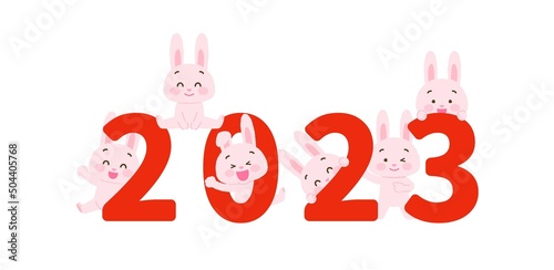イラスト素材: 2023年に喜ぶウサギのセット（卯年/主線なし/ピンクうさぎ複数/赤字）
