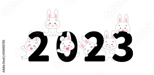 イラスト素材: 2023年に喜ぶウサギのセット（卯年/主線あり白うさぎ複数/黒文字）
