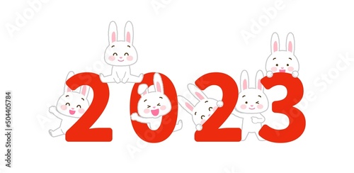 イラスト素材: 2023年に喜ぶウサギのセット（卯年/主線あり/白うさぎ複数/赤字）
