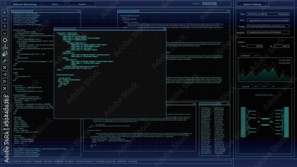 Software Backend Mock-up with Software Loading Screen Animation. Dark Project Monitoring Interface with Multiple Windows. Template for Computer Displays and Laptop Screens.