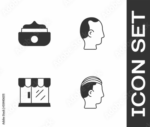 Set Hairstyle for men, Gel wax hair styling, Barbershop building and Baldness icon. Vector