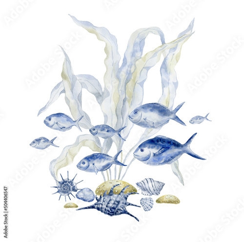 Sea blue fishes with seaweed.