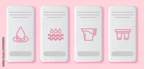 Set line Water drop, Wave with water, Jug glass and filter. White rectangle button. Vector