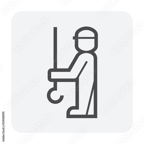 Rigger vector icon. Include crane hook, rope or sling. That worker person and lifting equipment for inspection and hand signaler in heavy industrial work i.e. construction, manufacturing, oil industry