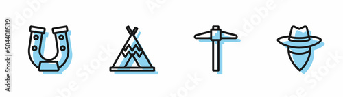 Set line Pickaxe, Horseshoe, Indian teepee wigwam and Cowboy icon. Vector