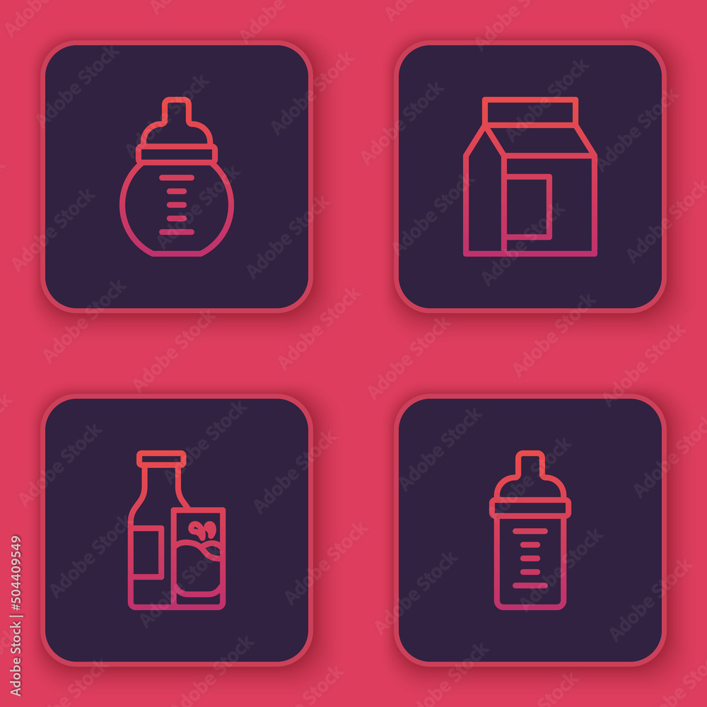 Set line Baby milk in a bottle, Bottle and glass, Paper package for and . Blue square button. Vector Set line Baby milk in a bottle, Bottle and glass, Paper package for and . Blue square button. Vector