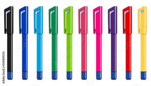 A collection of writing pens. Ten bright colors. Corrector. Vector. Graphics. Can be used for printing and web design.
