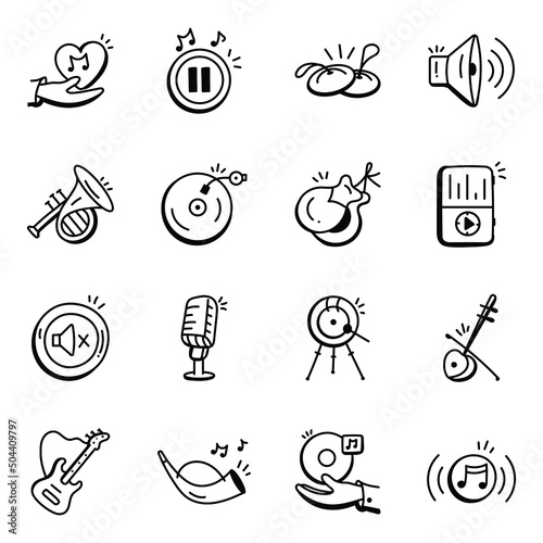 Musical Instruments and Multimedia Doodle Icons 