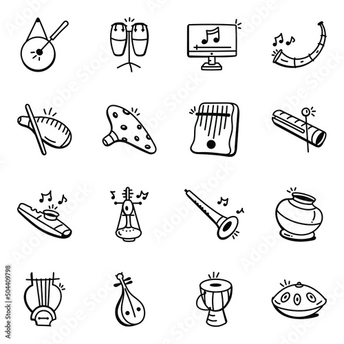 Musical Wooden Instruments Doodle Icons photo
