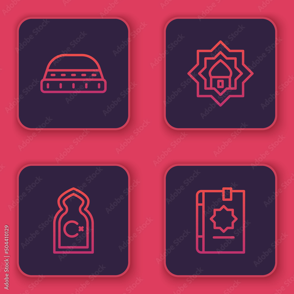 Set line Muslim hat for prayer, Mosque, and Holy book of Koran. Blue square button. Vector Set line Muslim hat for prayer, Mosque, and Holy book of Koran. Blue square button. Vector
