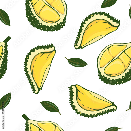 Seamless pattern durian fruits and leaf