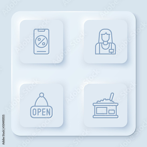 Set line Percent discount and mobile, Seller, Hanging sign with Open and Tin can caviar. White square button. Vector