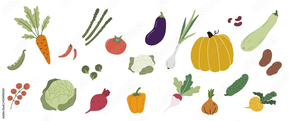Various vegetables. Organic healphy food. Vector cartoon crops ingredients Various vegetables. Organic healphy food. Vector cartoon crops ingredients