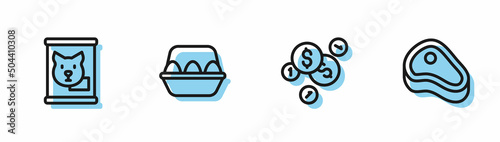 Set line Coin money with dollar, Canned food, Chicken egg box and Steak meat icon. Vector