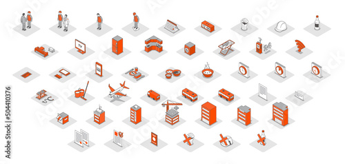 Set vector icons in isometry. Orange home icons. Business icons for website and animation. Stylish icon design. Icons of people and research. Collection of construction and food signs. Cute work