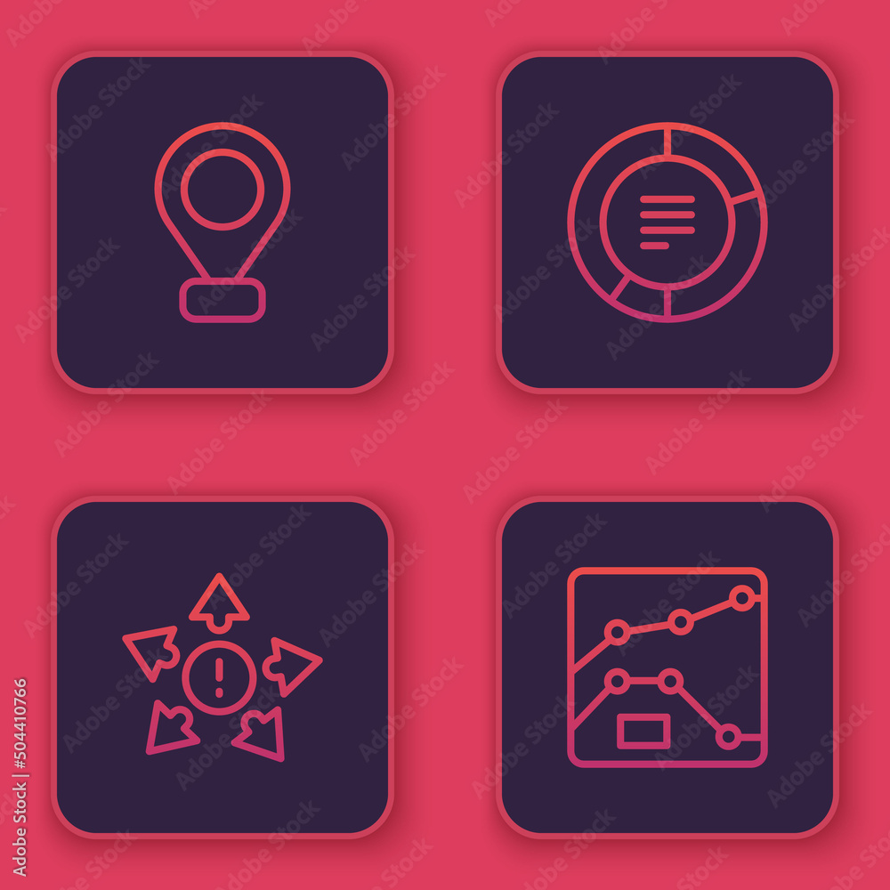 Set line Location, Many ways directional arrow, Pie chart infographic and Graph, chart, diagram. Blue square button. Vector Set line Location, Many ways directional arrow, Pie chart infographic and Graph, chart, diagram. Blue square button. Vector