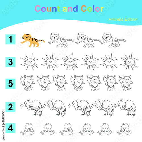 Count and Color worksheet for children. Educational printable worksheet. Cute animal worksheet theme. Vector illustrations.
