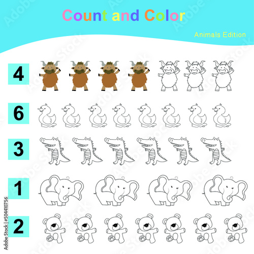 Fototapeta Naklejka Na Ścianę i Meble -  Count and Color worksheet for children. Educational printable worksheet. Cute animal worksheet theme. Vector illustrations.