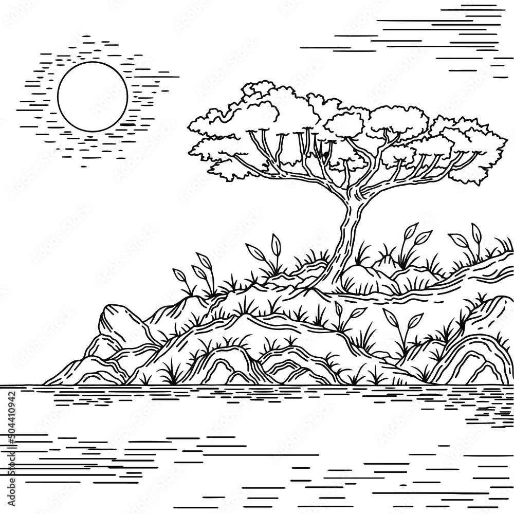 Fototapeta premium Vector Outline Design Landscape Tree with Moon
