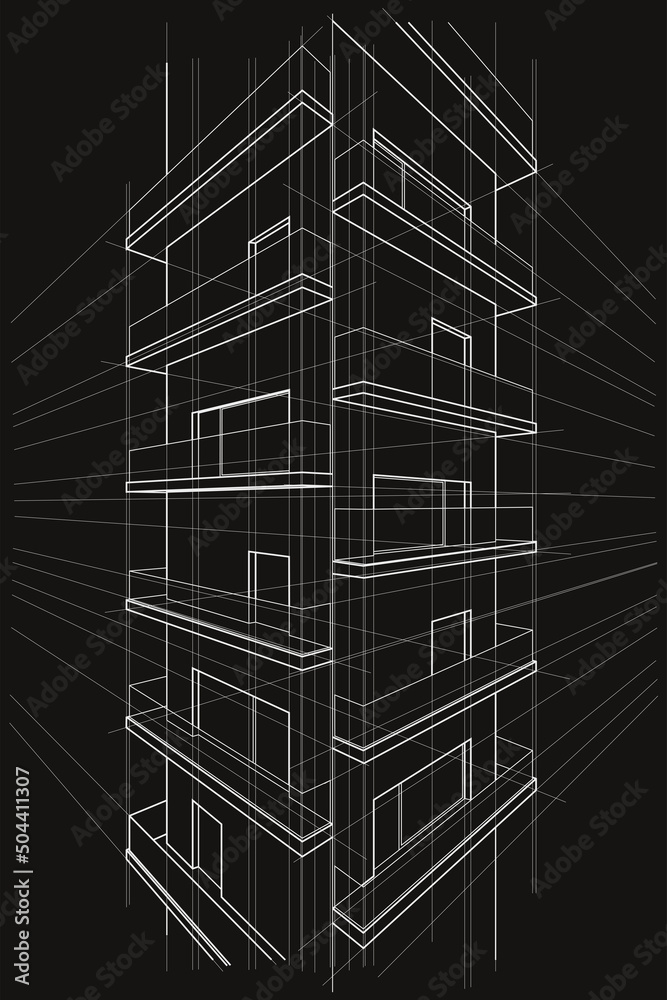 Linear abstract arcitectural sketch multi-storey building perspective on black background