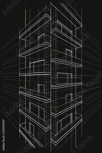 Linear abstract arcitectural sketch multi-storey building perspective on black background