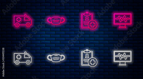 Set line Medical protective mask, Patient record, Ambulance car and Monitor with cardiogram. Glowing neon icon on brick wall. Vector