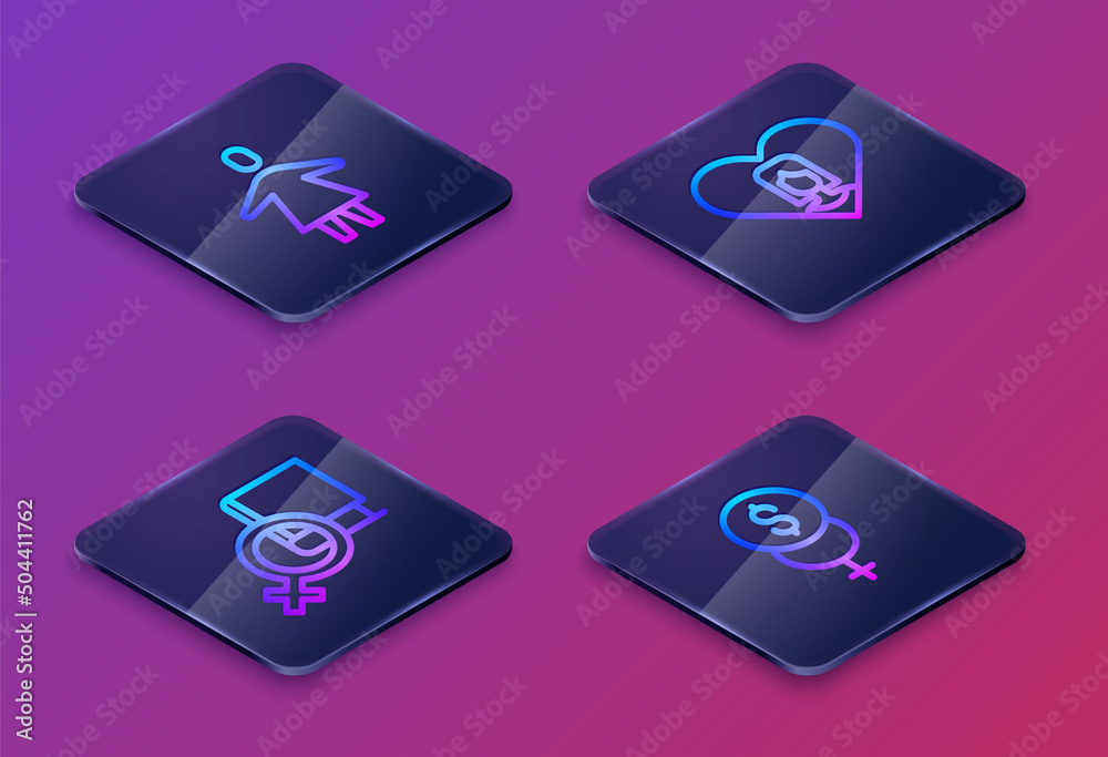 Set Isometric line Female, Book about women, Heart with female and Feminism finance. Blue square button. Vector Set Isometric line Female, Book about women, Heart with female and Feminism finance. Blue square button. Vector
