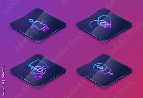 Wallpaper Mural Set Isometric line Female, Book about women, Heart with female and Feminism finance. Blue square button. Vector Torontodigital.ca