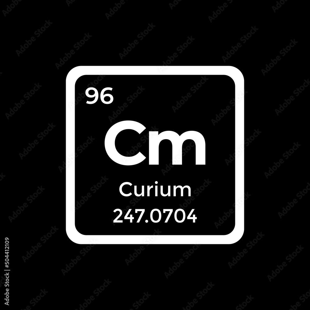 Curium periodic table element Cm atom white vector icon sign with atomic and mass number isolated on black background. Chemical element symbol Curium periodic table element Cm atom white vector icon sign with atomic and mass number isolated on black background. Chemical element symbol